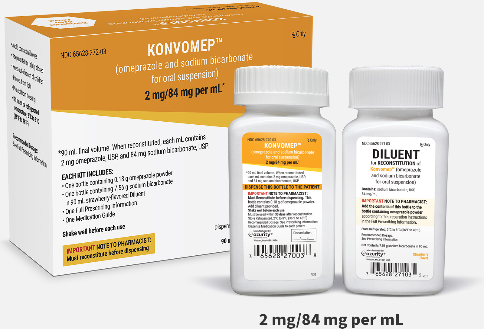 Outer packaging and bottles for KONVOMEP liquid omeprazole with labels facing forward.